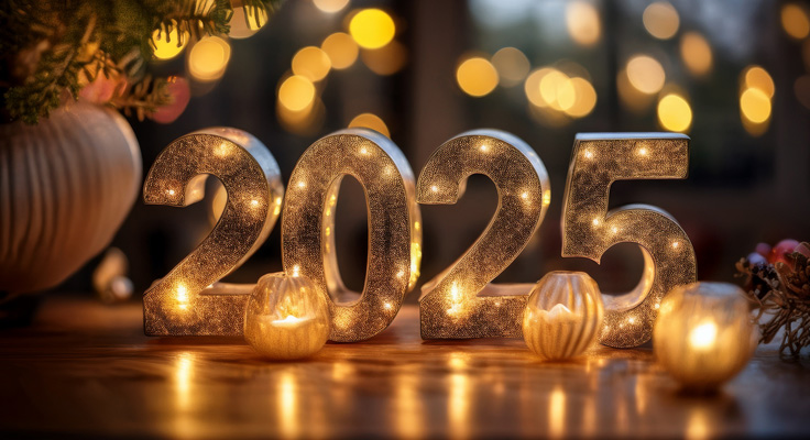 2025 spelled out in lights and candles