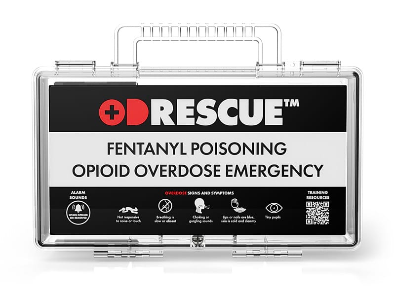 ODRescue Alarm™ — transparent opioid overdose emergency box with battery-powered alarm tray and wall mount
