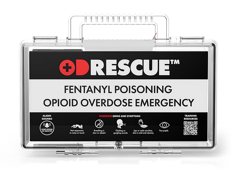 ODRescue Alert™ — transparent opioid overdose emergency box with Bluetooth smart-alert label and wall mount