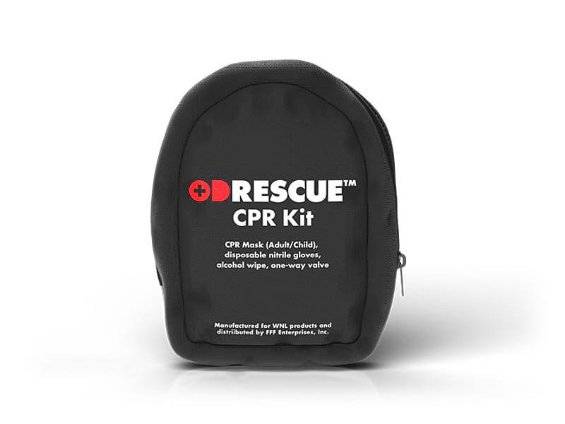 ODRescue™ CPR Kit — compact portable pouch with adult/child CPR mask, one-way valve, gloves, and antiseptic wipe